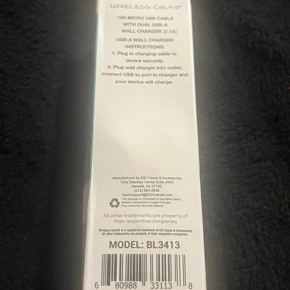 Wireless Gear Micro USB-C Devices 10’ Cable and wall charger. Mint New
